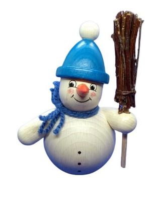 Räucherfigur - Schneemann mit Besen und blauer Mütze