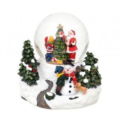 Schneekugel "Santa & Bär am Tannenbaum" Farbwechsel; Glitterwirbel; Sound