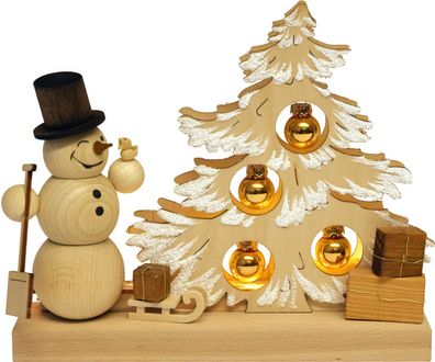 Tischschmuck Tannenbaum mit goldenen Kugeln, natur, raureif, Schneemann grau, LED