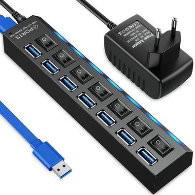 7-Port Hub USB 3.0 für PC Laptop Notebook mit EIN/ AUS Schalter LED Anzeige Retoo