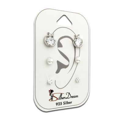 SilberDream 3er Ohrringe Ohrstecker ECHT Silber Set Zirkonia Kunstperle SDS601WJ