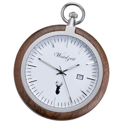 Waidzeit Herren Taschenuhr Edelstahl Walnuß dunkelbraun mit Uhrenkette UWATW01