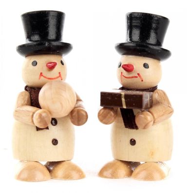 Miniatur Schneemänner mit Geschenk und Schneeball, natur (2) H=5,5cm NEU Holz