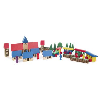 Holzspielzeug Spielzeugdorf mit Eisenbahn bunt Höhe ca. 8cm NEU Bausteine Bauk