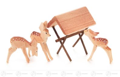 Miniatur Rehe geschnitzt mit Futterraufe (4) H=ca 5 cm NEU Erzgebirge