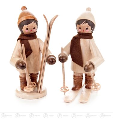 Miniatur Kinder mit Ski groß natur (2) H=ca 11,5 cm NEU Erzgebirge Holzfigur