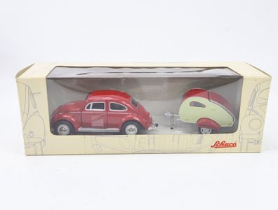 Schuco Modellauto PKW Käfer mit Wohnwagen Rot 1:43