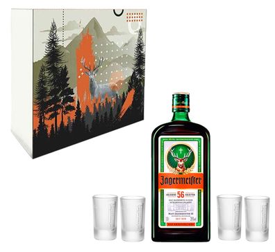 Jägermeister Geschenkset - Jägermeister Kräuterlikör 1L 35% Vol. + 4 Shotgläser