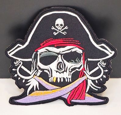 Aufnäher Aufbügler Patch Pirat Totenkopf mit Hut und Säbel - 9 x 10 cm