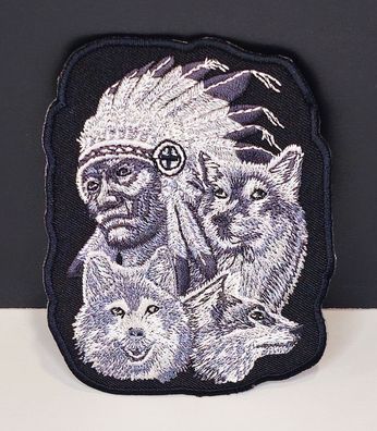 Aufnäher Aufbügler Patch Indianer mit Wölfen - 7,5 x 10 cm