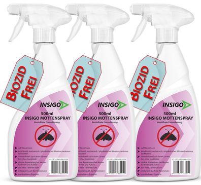 INSIGO 3x500ml Mottenspray Mottenschutz-Mittel gegen Kleidermotten Lebensmittelmotten