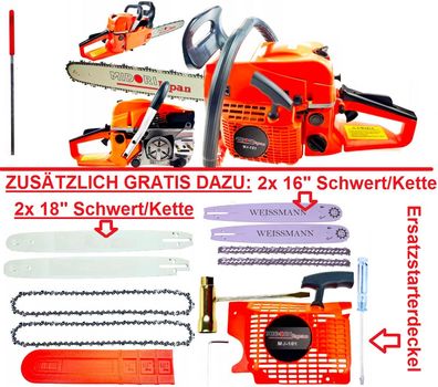 Benzin Kettensäge 6,0 PS mit 2x18"Schwert/Kette + 2x 16"Schwert/Kette und v. mehr