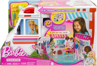 Barbie Krankenwagen 2-in-1 Spielset mit aufklappbarem Wagen, Licht und Geräusche