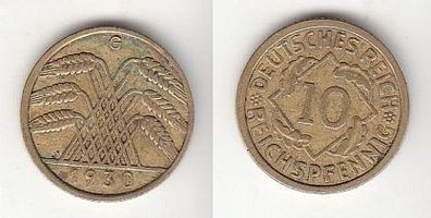 10 Reichspfennig Messing Münze Deutsches Reich 1930 G, Jäger 317 (112489)