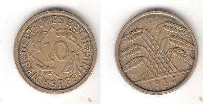 10 Reichspfennig Messing Münze Deutsches Reich 1934 D, Jäger 317 (112429)