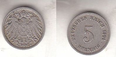5 Reichspfennig Nickel Münze Deutsches Reich 1901 G, Jäger 12 (112333)