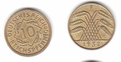 10 Reichspfennig Messing Münze Deutsches Reich 1932 F, Jäger 317 (112760)