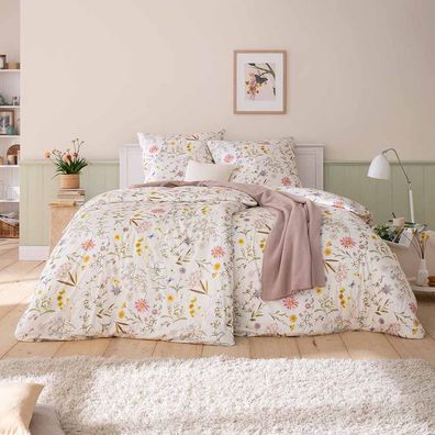 Estella Mako Jersey Bettwäsche 155x220 Marica Wiesenblumen natur grün rosa 6254-985