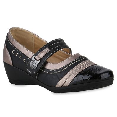 VAN HILL Damen Mary Janes Keilabsatz Lack Klassisch Schuhe 841232