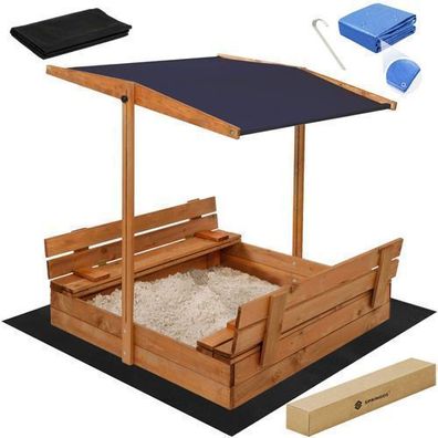 Holzsandkasten Kindersandkasten Sitzbänke Dach 120 x 120 cm Extra Vlies + Abdeckplane