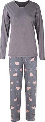 Schlafanzug Damen Lang Pyjama 100% Baumwolle Zweiteiliges Set lang Shirt Pyjamahose