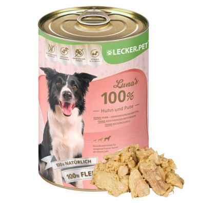 6 - 24 Stk. Lecker. Pet® Luna's 100 % Huhn und Pute Hundefutter Nassfutter - je 400