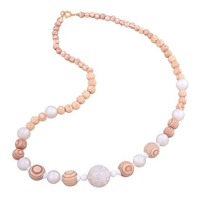 Kette 20mm Gravurperle Kunststoff wachsweiß mit hellen Holzperlen finnische Tanne