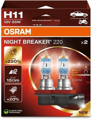 OSRAM NIGHT Breaker 220, H11, 220% mehr Helligkeit, Halogen-Scheinwerferlampe