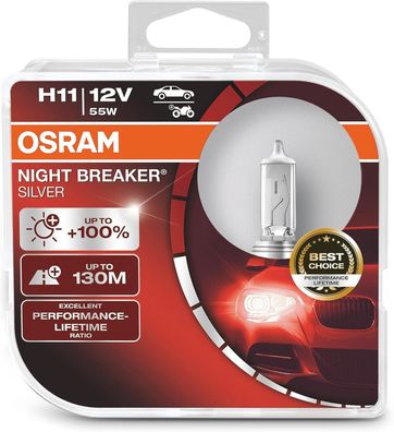 Osram Night Breaker Silver H11 + 100% mehr Helligkeit bis zu 130 lm Licht Leuchte