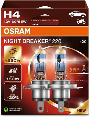 OSRAM NIGHT Breaker 220, H4, 220% mehr Helligkeit, Halogen-Scheinwerferlampe