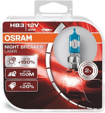 OSRAM NIGHT Breaker LASER HB3, + 150% mehr Helligkeit, Halogen-Scheinwerferlampe