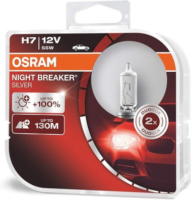 Osram Night Breaker Silver H7, + 100% mehr Helligkeit, Halogen-Scheinwerferlampe