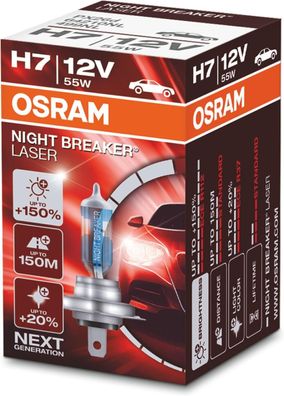 OSRAM NIGHT Breaker LASER H7, + 150% mehr Helligkeit, Halogen-Scheinwerferlampe