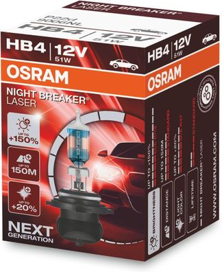 OSRAM NIGHT Breaker LASER HB4, + 150% mehr Helligkeit, Halogen-Scheinwerferlampe