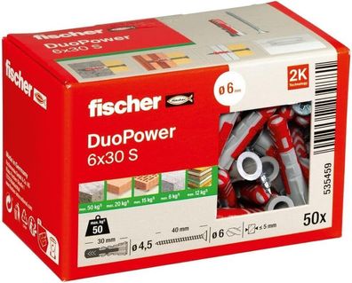 Fischer DuoPower 6 x 30 S, Universaldübel mit Sicherheitsschraube, 50 Stück