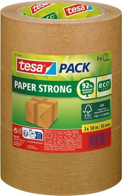 Tesa Packband Papier 60% Bio Material Braun 3 Rollen je 50m x 50mm, Paketband