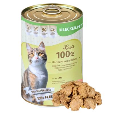 6 - 24 Stk. Lecker. Pet® Leo's 100 % Hühnermuskelfleisch Katzenfutter Nassfutter