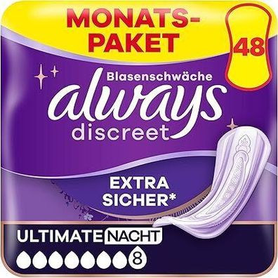 Always Discreet Inkontinenzeinlagen Plus Ultimate Nacht, 48 Binden (4 x 12 Stk.)