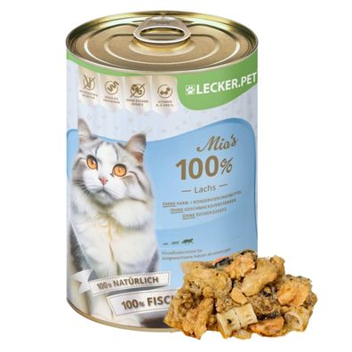 6 - 24 Stk. Lecker. Pet® Mia's 100 % Lachs Katzenfutter Nassfutter - je 400 g in Dose