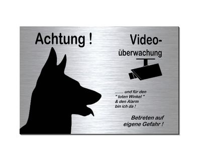 Schäferhund-Hund-Video-Überwacht-30x 20 cm Alu-Edelstahl-Optik-Schild-Warnschild