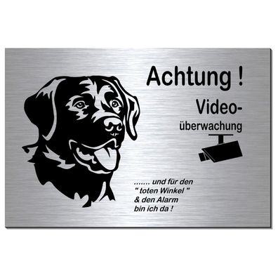 Hund-Labrador-Retriever-Video-300x200x3 mm Alu-Edelstahl-Optik-Schild-Warnschild