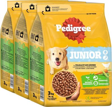 Pedigree Junior Hunde Trockenfutter für Welpen mit Geflügel und Gemüse (3 x 3kg)