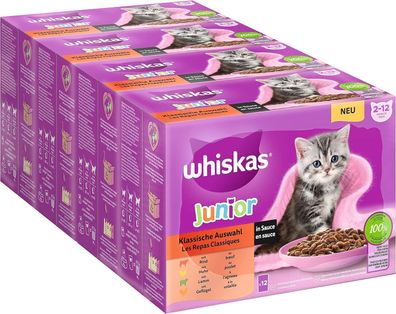 Whiskas Junior Katzen-Nassfutter Auswahl in Sauce, 48 Beutel, 12x85g, Katzen