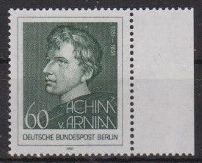 Berlin 1981 postfrisch Seitenrand MiNr. 637 200. Geburtstag Achim von Arnim Dichter