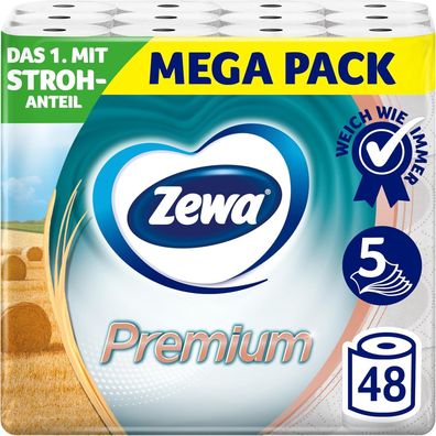 Zewa Premium Toilettenpapier mit Stroh 48 Stück, 6x8 Rollen, 5-lagig, MEGA PACK