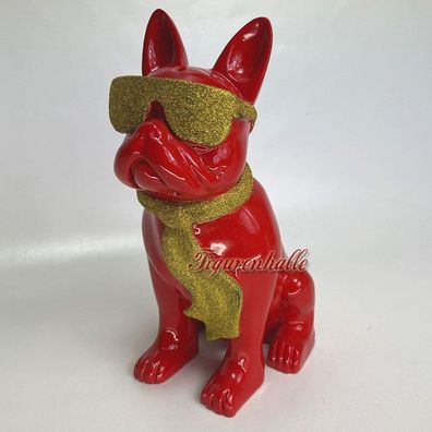 Französische Bulldogge Sonnenbrille Krawatte Figur Statue Pop Art rot Glitter Deko