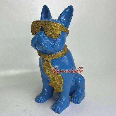 Französische Bulldogge Sonnenbrille Krawatte Figur Statue Pop Art blau Glitter Deko