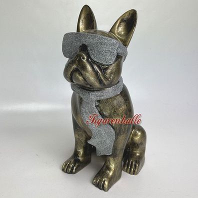 Französische Bulldogge Sonnenbrille Krawatte Figur Statue Pop Art gold Glitter Deko