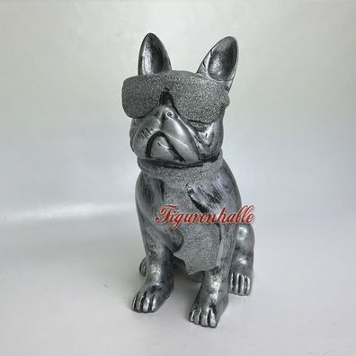 Französische Bulldogge Sonnenbrille Krawatte Figur Statue Pop Art silber Glitter Deko