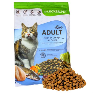 2,5 - 10 kg Lecker. Pet® Leo's Adult Geflügel & Forelle Katzenfutter Trockenfutter